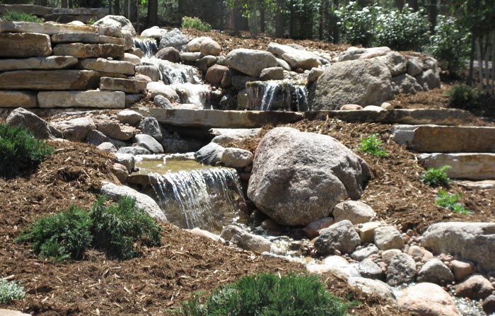 Water feature with stream, bridges, and water falls.