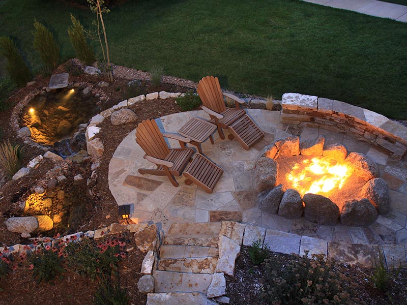 Backyard patio with stone pavers and fire pit.